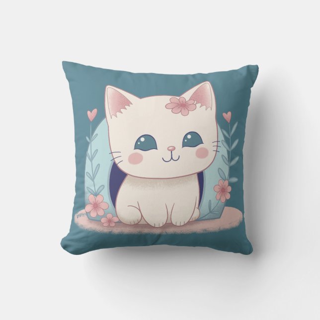 Cute, Happy Kitty with a New Home Throw Pillow (Front)