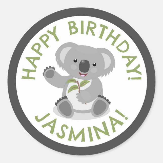 Cute happy koala personalized cartoon birthday classic round sticker (Front)