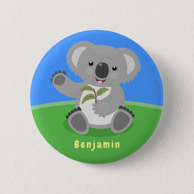 Cute happy koala waving cartoon illustration 2 inch round button (Front)