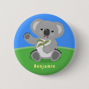 Cute happy koala waving cartoon illustration 2 inch round button
