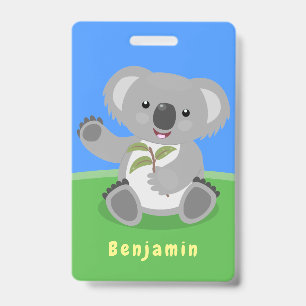 Cute happy koala waving cartoon illustration badge