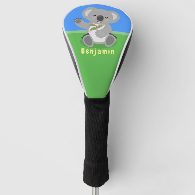 Cute happy koala waving cartoon illustration golf head cover (Front)