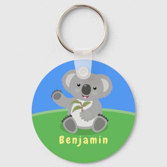 Cute happy koala waving cartoon illustration keychain (Front)