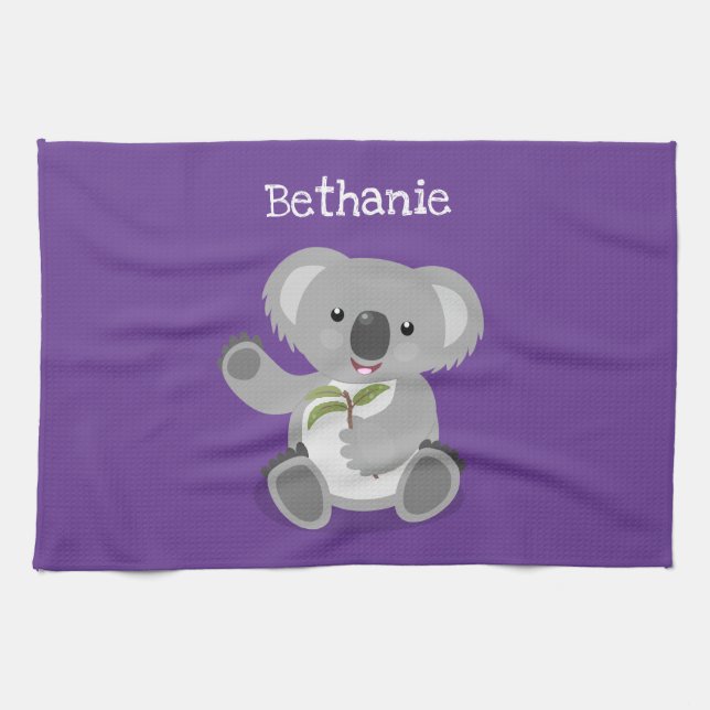 Cute happy koala waving cartoon illustration kitchen towel (Horizontal)
