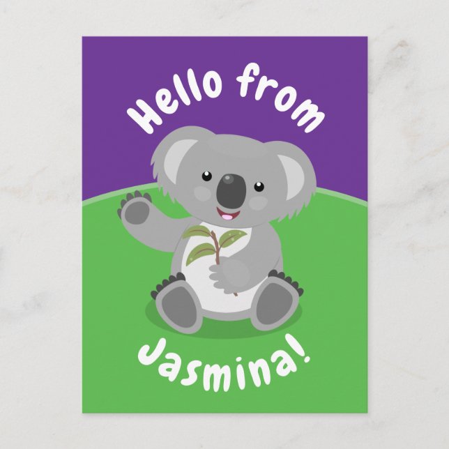 Cute happy koala waving cartoon illustration postcard (Front)