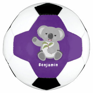 Cute happy koala waving cartoon illustration soccer ball