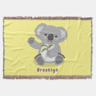 Cute happy koala waving cartoon illustration throw blanket