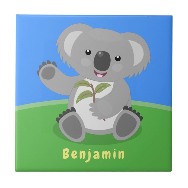 Cute happy koala waving cartoon illustration tile (Front)