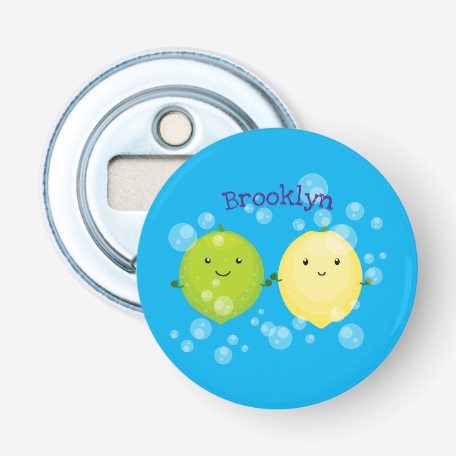 Cute happy lemon lime cartoon illustration bottle opener (Front)
