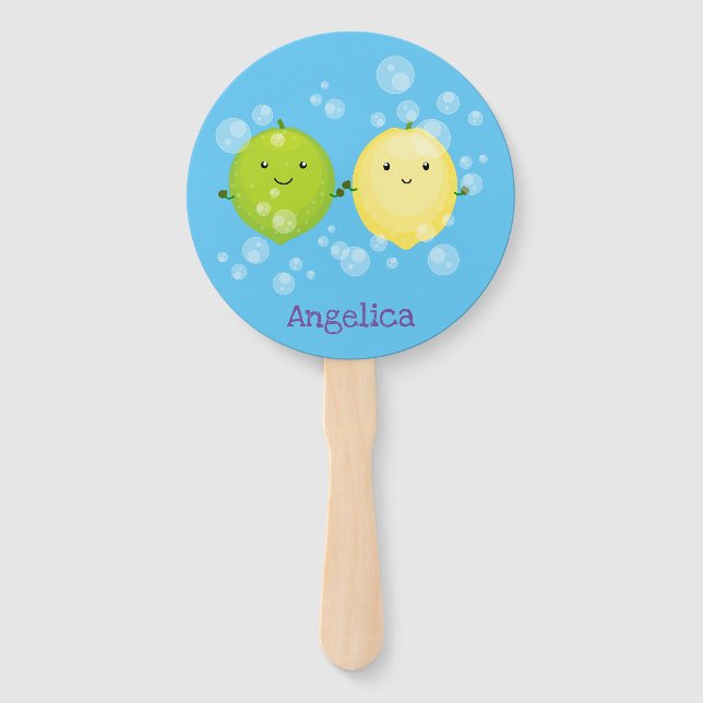 Cute happy lemon lime cartoon illustration hand fan (Front)