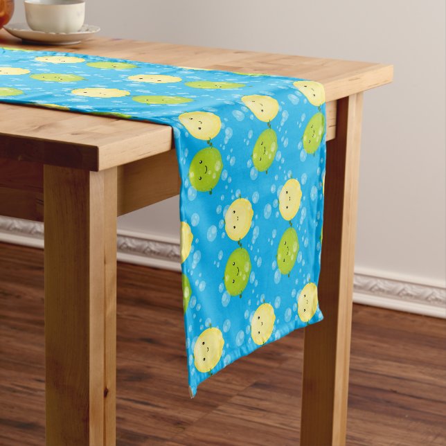 Cute happy lemon lime cartoon illustration short table runner (In Situ)