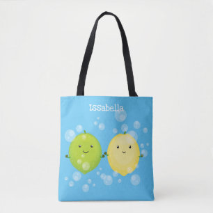 Cute happy lemon lime cartoon illustration tote bag