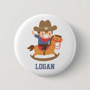 Cute Happy Little Cowboy on Rocking Horse 2 Inch Round Button