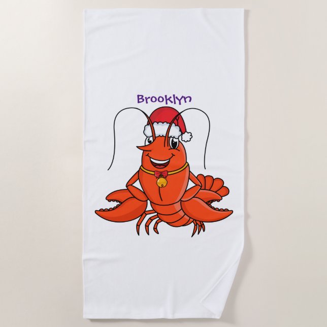 Cute happy lobster wearing Christmas hat cartoon Beach Towel (Front)
