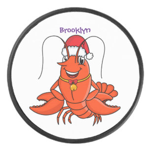 Cute happy lobster wearing Christmas hat cartoon Hockey Puck
