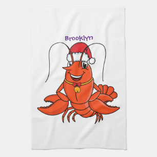 Cute happy lobster wearing Christmas hat cartoon Kitchen Towel