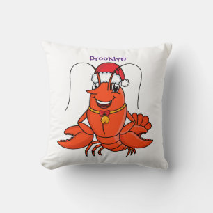 Cute happy lobster wearing Christmas hat cartoon Throw Pillow