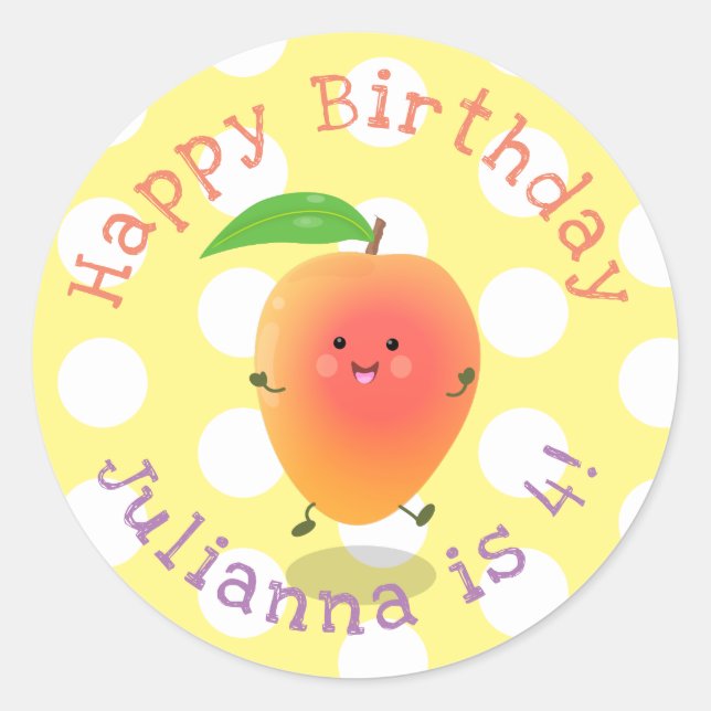 Cute happy mango yellow cartoon illustration classic round sticker (Front)
