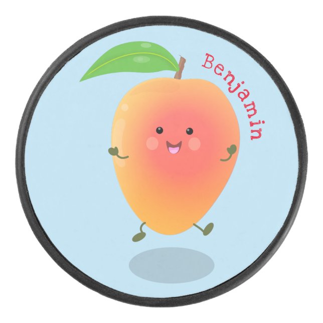Cute happy mango yellow cartoon illustration hockey puck (Front)