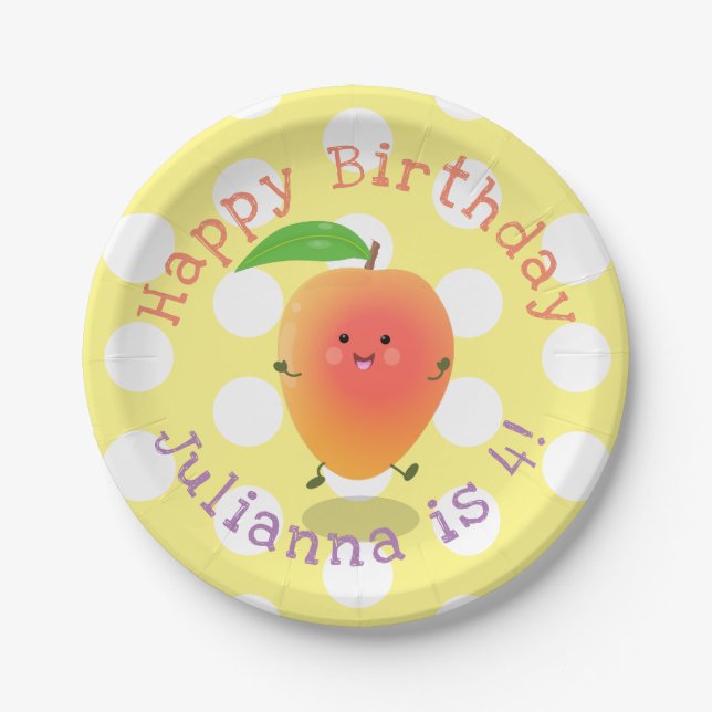 Cute happy mango yellow cartoon illustration paper plate (Front)