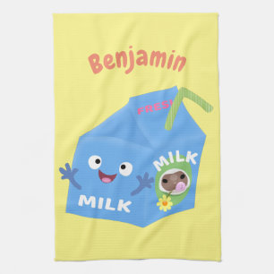 Cute happy milk carton character cartoon kitchen towel
