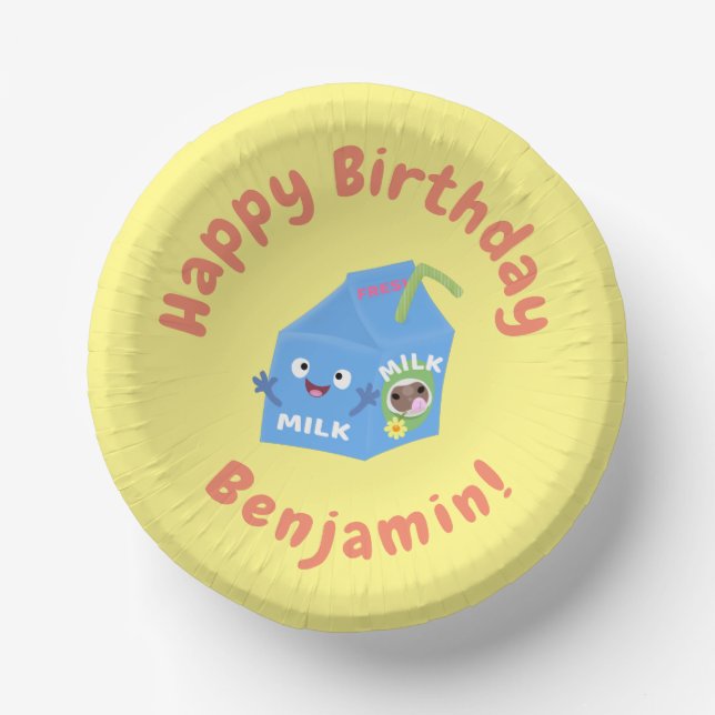 Cute happy milk carton character cartoon paper plate (Front)