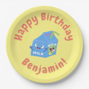 Cute happy milk carton character cartoon paper plate