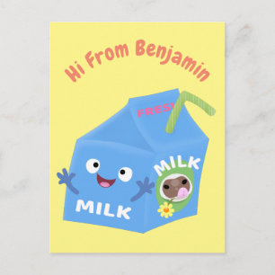 Cute happy milk carton character cartoon postcard