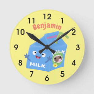 Cute happy milk carton character cartoon round clock