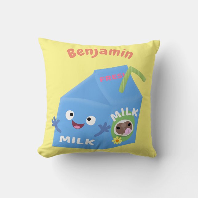 Cute happy milk carton character cartoon throw pillow (Front)
