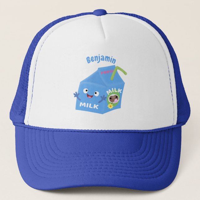 Cute happy milk carton character cartoon trucker hat (Front)