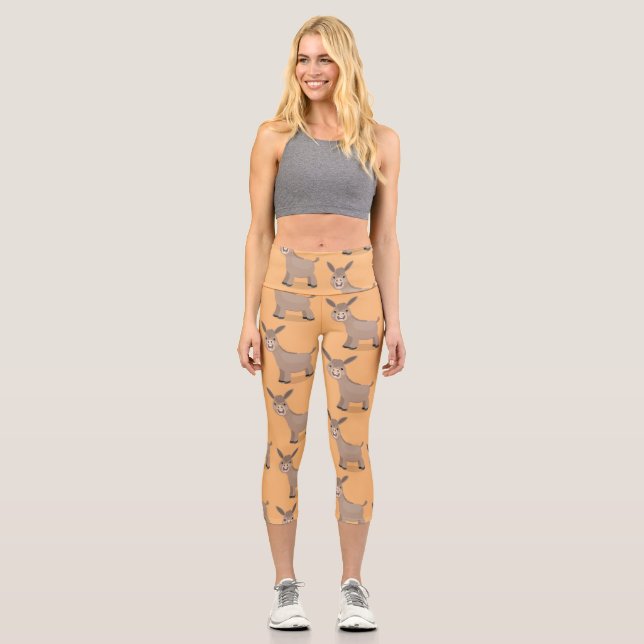 Cute happy mini donkey cartoon illustration capri leggings (Front)