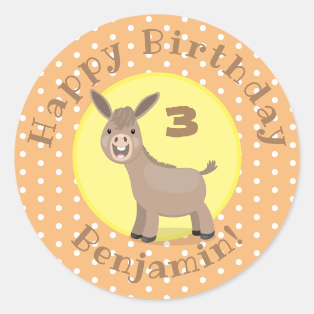 Cute happy mini donkey cartoon illustration classic round sticker (Front)