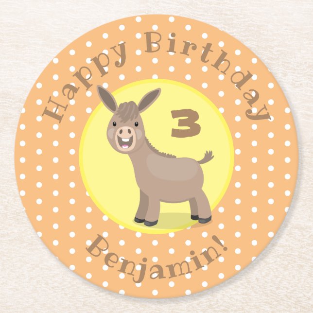 Cute happy mini donkey cartoon illustration round paper coaster (Front)