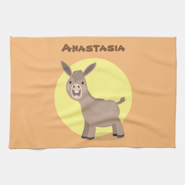 Cute happy miniature donkey cartoon illustration kitchen towel (Horizontal)