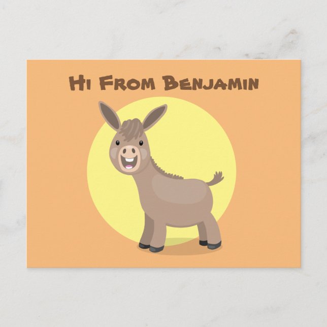 Cute happy miniature donkey cartoon illustration postcard (Front)