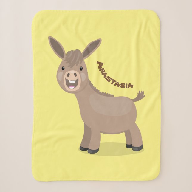 Cute happy miniature donkey cartoon illustration sherpa blanket (Front)