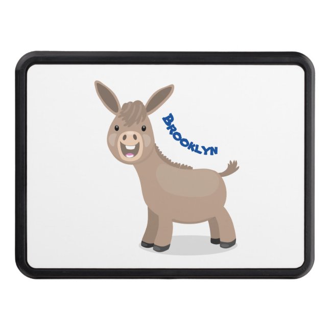 Cute happy miniature donkey cartoon illustration trailer hitch cover (Front)