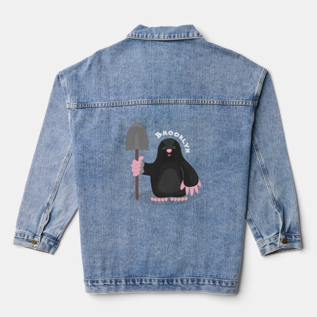 Cute happy mole cartoon illustration denim jacket (Back)