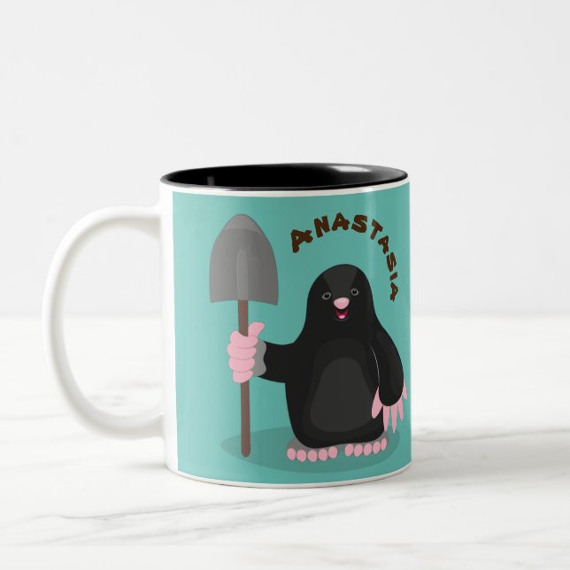 Cute happy mole cartoon illustration Two-Tone coffee mug (Left)