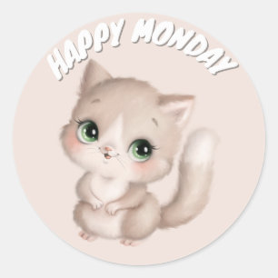 CUTE HAPPY MONDAY CAT   CLASSIC ROUND STICKER