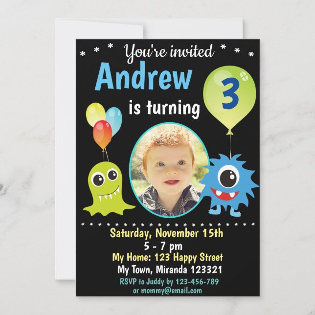 Cute happy monster birthday invitation (Front)