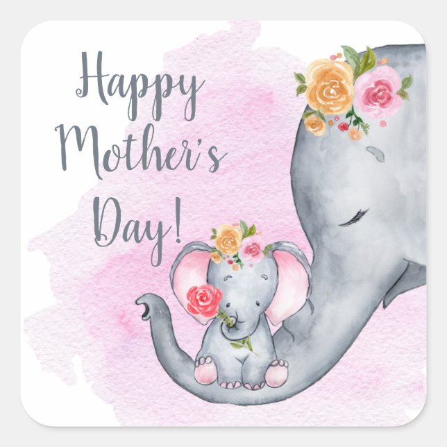 Cute Happy Mother's Day Elephant Square Sticker (Front)