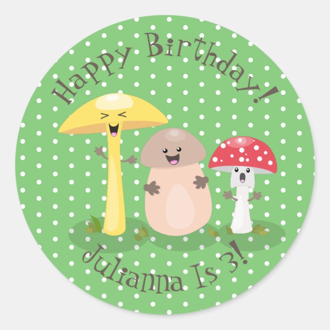 Cute happy mushroom fungi cartoon illustration classic round sticker (Front)