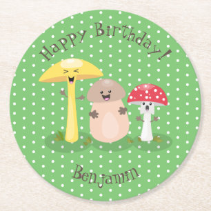 Cute happy mushroom fungi cartoon illustration round paper coaster