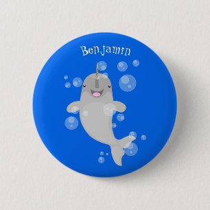 Cute happy narwhal bubbles cartoon illustration 2 inch round button