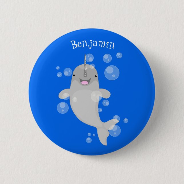 Cute happy narwhal bubbles cartoon illustration 2 inch round button (Front)