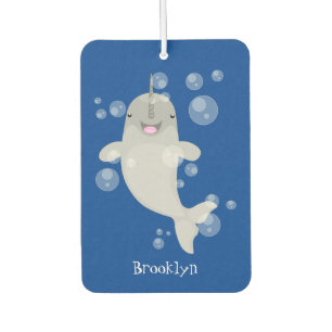 Cute happy narwhal bubbles cartoon illustration air freshener