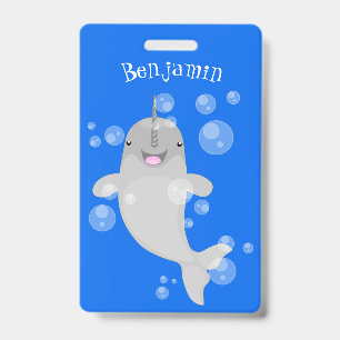 Cute happy narwhal bubbles cartoon illustration badge