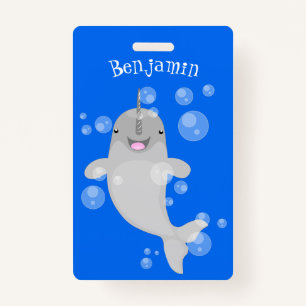 Cute happy narwhal bubbles cartoon illustration badge